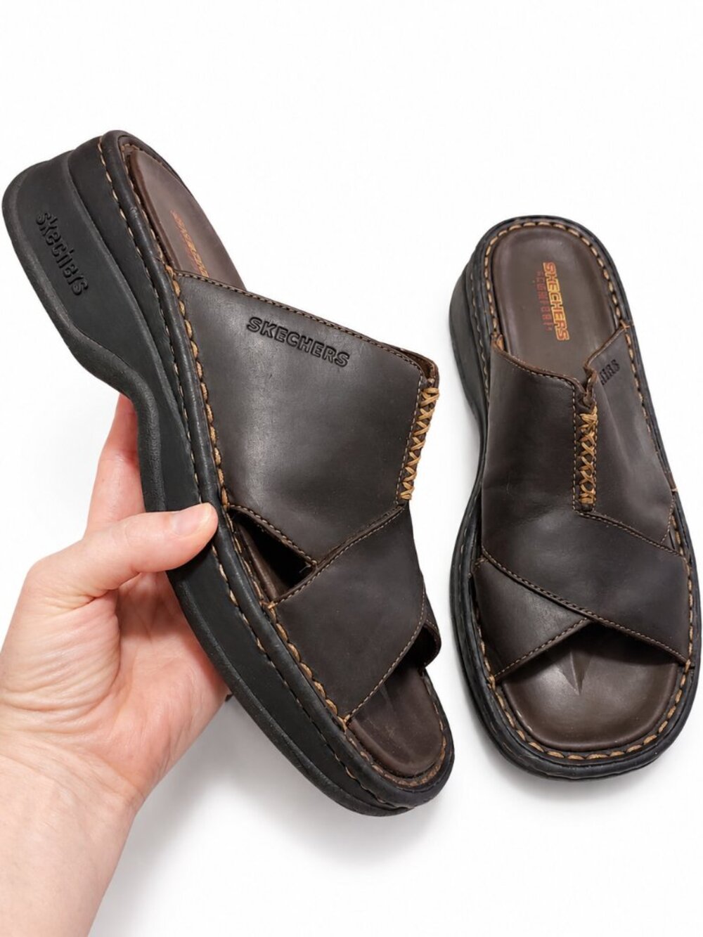 SKECHERS Leather Platform Slide-On Sandals Brown Size 10 Casual Comfort Y2K 90s